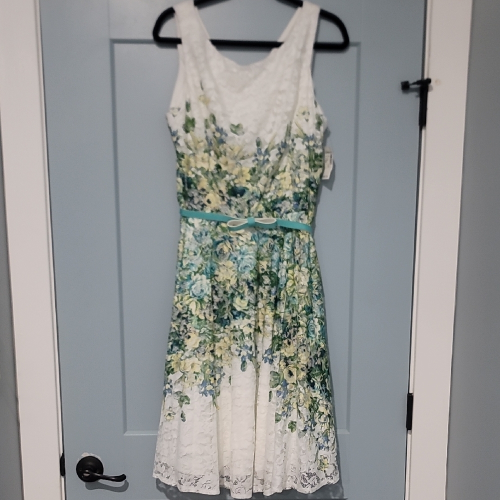 Roz & Ali Floral Lace Midi Dress in Green and Cream